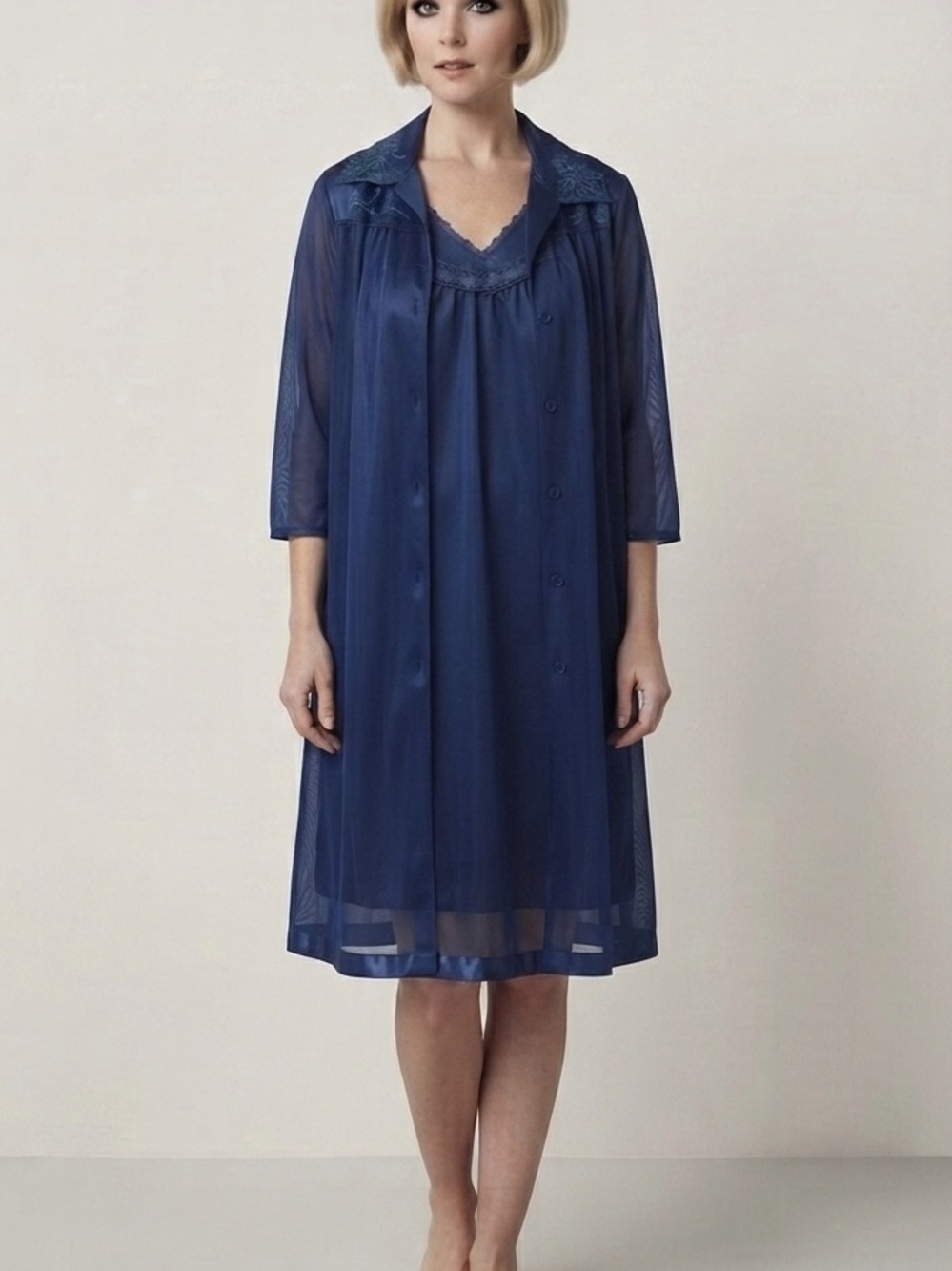 VTG 70s 80s Fair Navy Blue Nylon Tricot Nightgown and Robe Set Woman XXL
